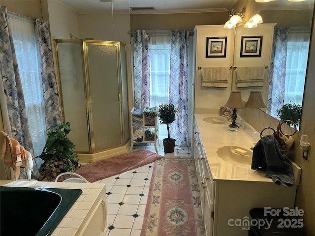 bathroom featuring an enclosed shower, vanity, and crown molding