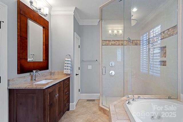 bathroom featuring tile patterned flooring, vanity, crown molding, and independent shower and bath