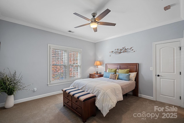 bedroom with carpet flooring, ceiling fan, and ornamental molding