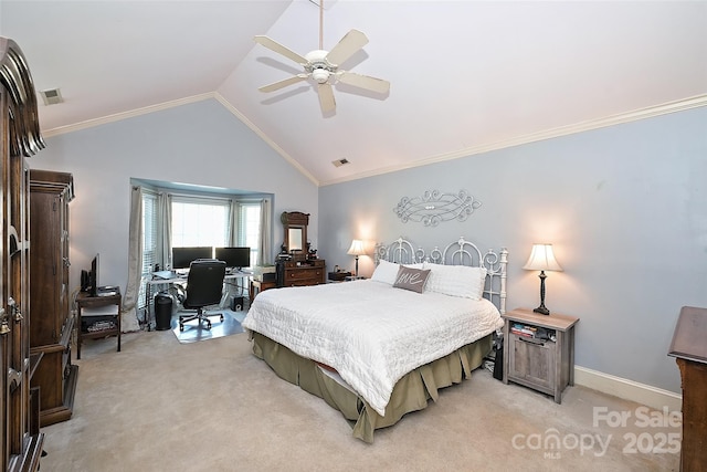 bedroom featuring ceiling fan, light colored carpet, crown molding, and lofted ceiling