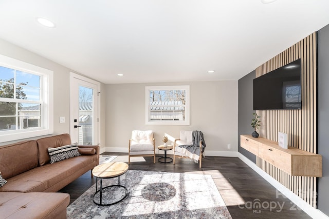 living room with dark hardwood / wood-style flooring