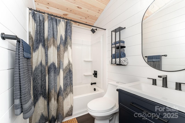 full bathroom featuring shower / bathtub combination with curtain, wood walls, vaulted ceiling, toilet, and wood ceiling