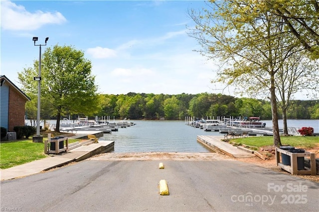 property view of water with a dock