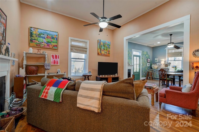 living room with hardwood / wood-style floors, a wealth of natural light, and ornamental molding