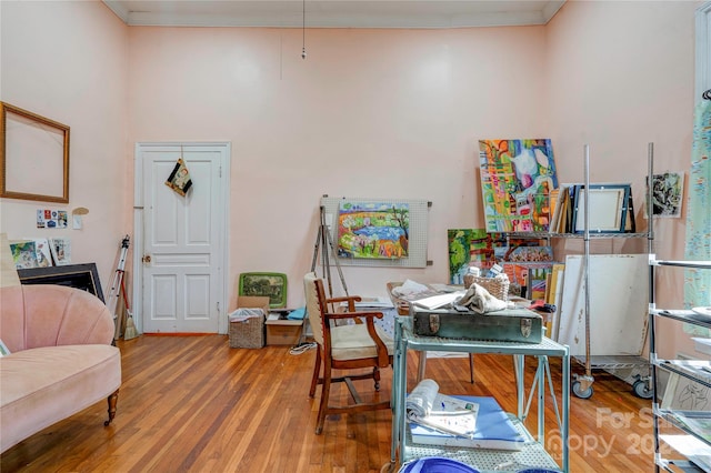 office area with ornamental molding and hardwood / wood-style flooring