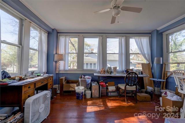 sunroom with ceiling fan