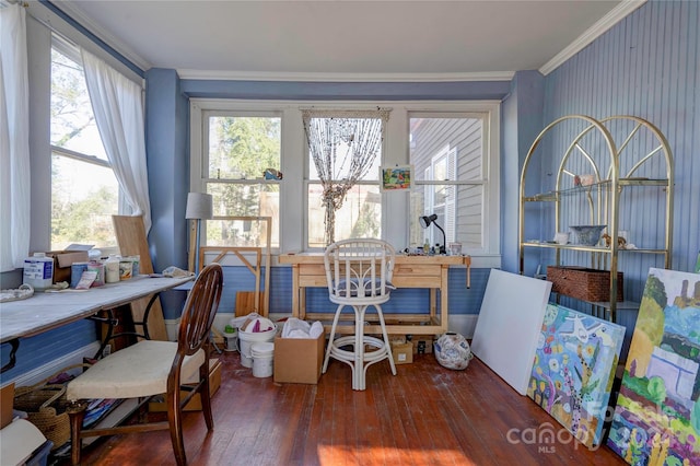 office featuring dark wood-type flooring, crown molding, and a healthy amount of sunlight