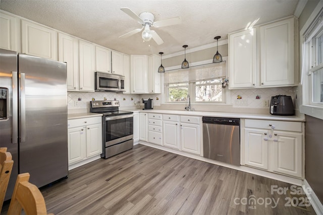 kitchen with ceiling fan, white cabinetry, hardwood / wood-style floors, hanging light fixtures, and stainless steel appliances