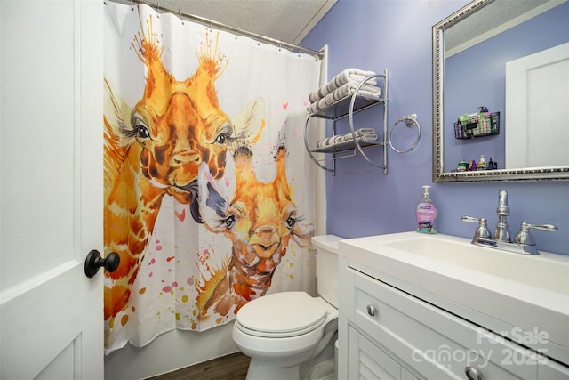 bathroom featuring vanity, toilet, wood-type flooring, and a textured ceiling