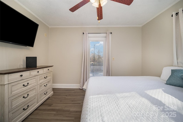 bedroom with ornamental molding, dark wood-type flooring, access to outside, and ceiling fan