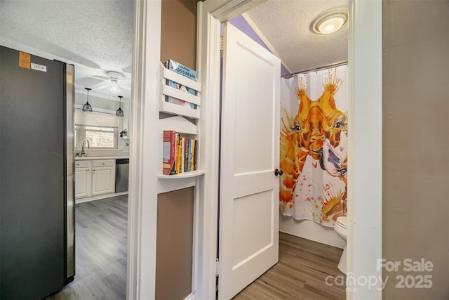 interior space featuring sink, a textured ceiling, and light wood-type flooring