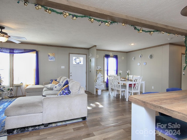 living room featuring a textured ceiling, hardwood / wood-style flooring, ceiling fan, and ornamental molding