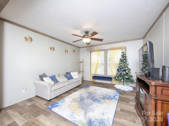 living room with light hardwood / wood-style flooring, a textured ceiling, and ornamental molding