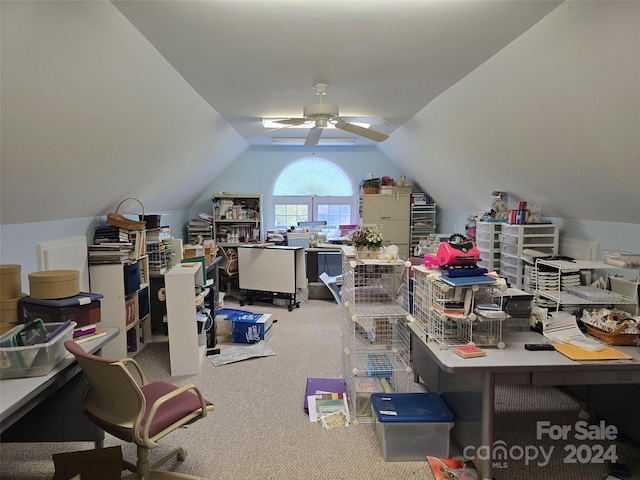 additional living space with light carpet, ceiling fan, and lofted ceiling