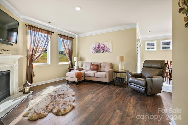 living room with a premium fireplace, dark hardwood / wood-style floors, and ornamental molding