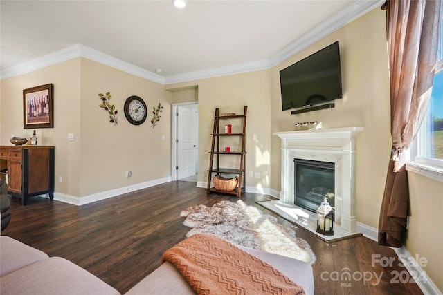 living room with dark hardwood / wood-style floors and ornamental molding