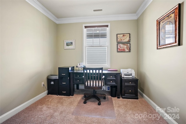 office space with crown molding and light carpet