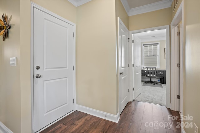 foyer entrance featuring dark hardwood / wood-style floors and ornamental molding