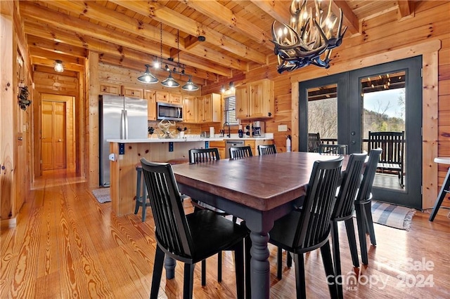 dining room featuring light wood-type flooring, wooden ceiling, a notable chandelier, beamed ceiling, and wood walls