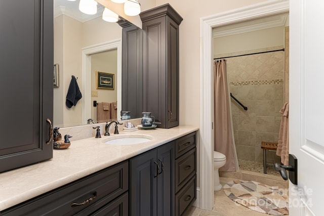 bathroom featuring a shower with shower curtain, tile patterned floors, ornamental molding, vanity, and toilet