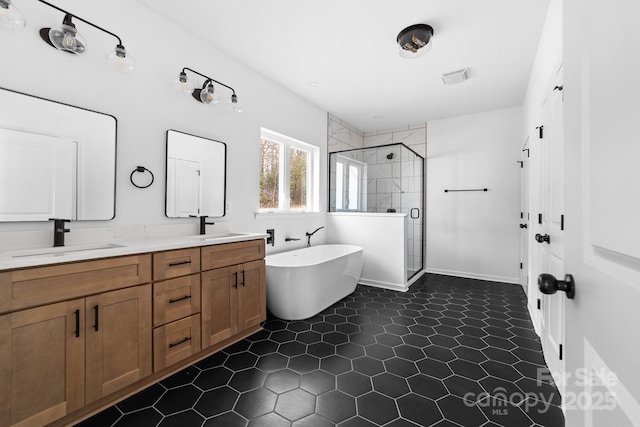 bathroom featuring a sink, a freestanding tub, a stall shower, and double vanity