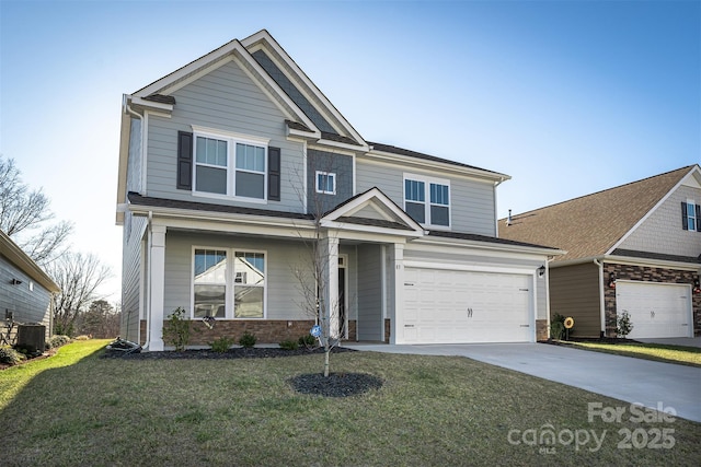 craftsman-style home with a front yard, a garage, and central air condition unit