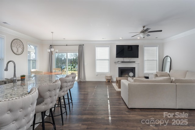 living room featuring ceiling fan with notable chandelier, dark hardwood / wood-style flooring, ornamental molding, and sink