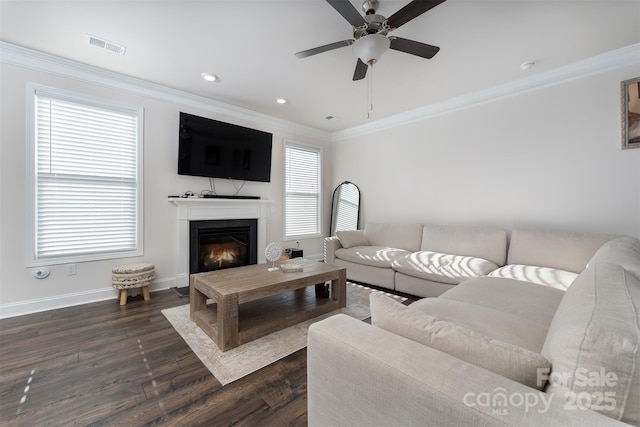 living room featuring ceiling fan, dark hardwood / wood-style flooring, and ornamental molding