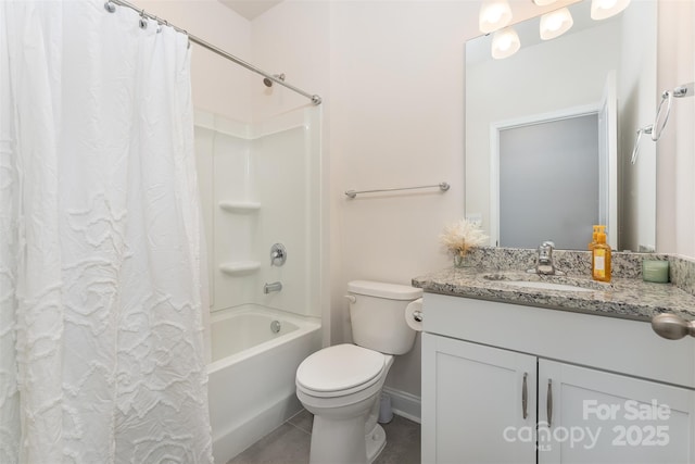 full bathroom with vanity, shower / bath combo, and toilet