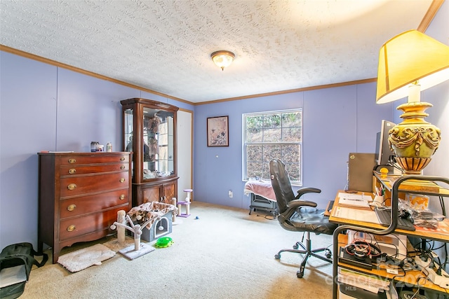 office space with crown molding, light colored carpet, and a textured ceiling