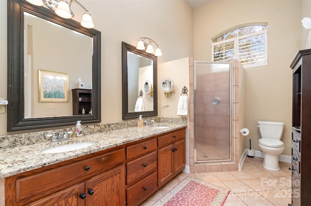 bathroom with a stall shower, tile patterned floors, toilet, and a sink