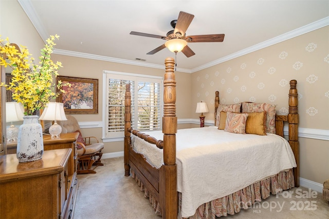 bedroom with light colored carpet, ornamental molding, baseboards, wallpapered walls, and visible vents