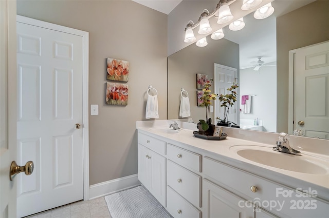 bathroom featuring ceiling fan, tile patterned floors, and vanity