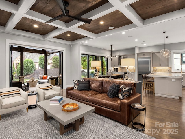 9 Haverhill Way, Arden, NC 28704 - living area featuring coffered ceiling, dark wood-style floors, recessed lighting, a chandelier, and beam ceiling
