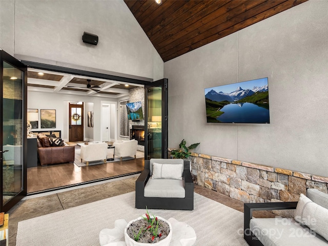 9 Haverhill Way, Arden, NC 28704 - tiled living room featuring wooden ceiling, coffered ceiling, and ceiling fan
