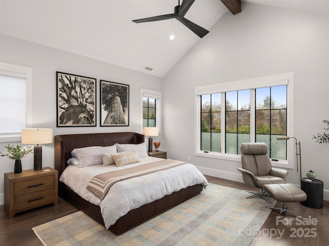 9 Haverhill Way, Arden, NC 28704 - bedroom with wood finished floors, high vaulted ceiling, beam ceiling, baseboards, and recessed lighting