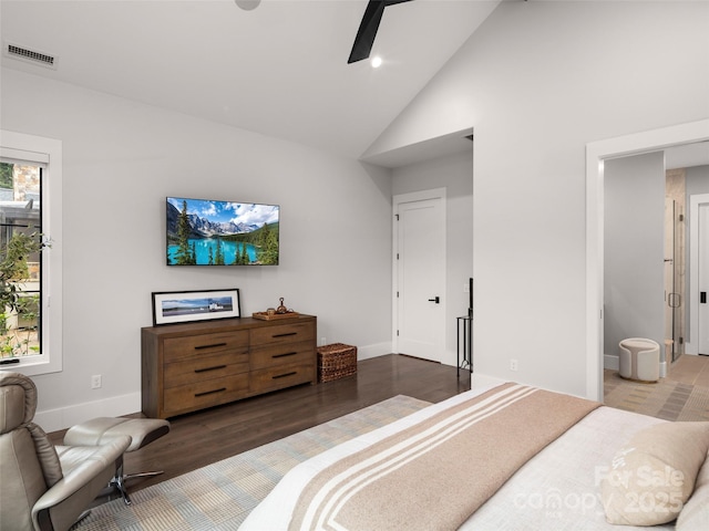 9 Haverhill Way, Arden, NC 28704 - bedroom featuring wood finished floors, baseboards, high vaulted ceiling, recessed lighting, and ceiling fan