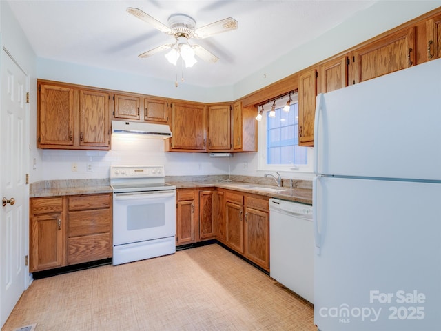 kitchen featuring ceiling fan, sink, and white appliances