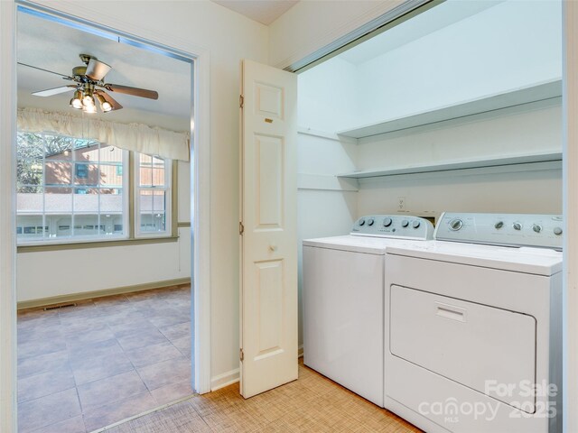 clothes washing area with ceiling fan, light tile patterned flooring, and separate washer and dryer