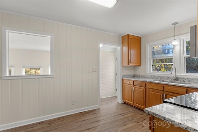 kitchen featuring light stone countertops, sink, hanging light fixtures, and light hardwood / wood-style flooring