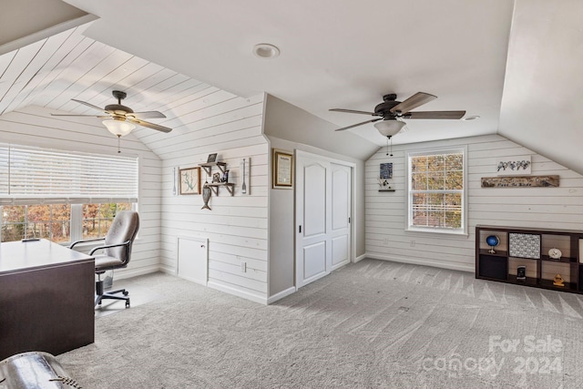 office area with wood walls and a healthy amount of sunlight