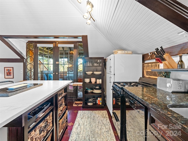 kitchen featuring dishwasher, stone countertops, wooden ceiling, and french doors