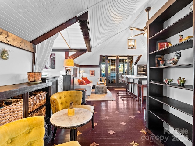 living area featuring ceiling fan, french doors, dark hardwood / wood-style floors, vaulted ceiling, and wood ceiling