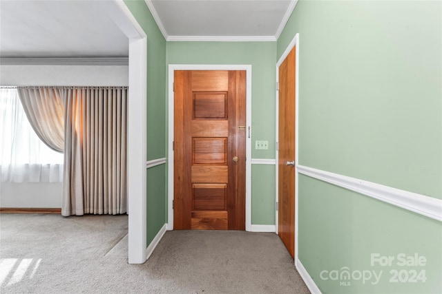 entrance foyer with crown molding and carpet floors