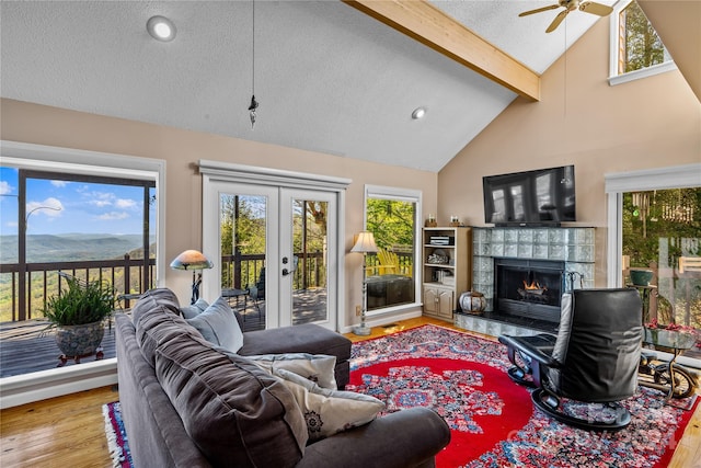 living room with a healthy amount of sunlight, wood-type flooring, and high vaulted ceiling