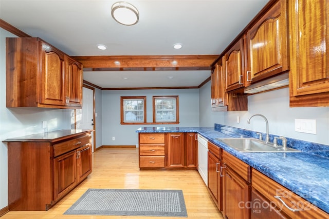 kitchen with dishwasher, light wood-type flooring, crown molding, and sink