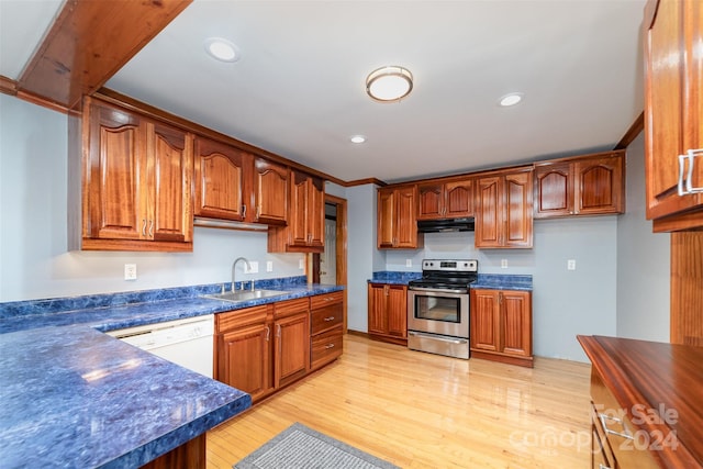 kitchen featuring stainless steel range with electric stovetop, ornamental molding, sink, light hardwood / wood-style flooring, and dishwasher