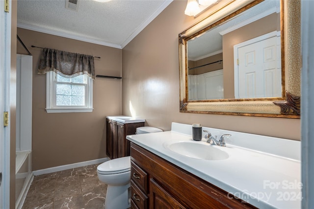 full bathroom featuring vanity, a textured ceiling,  shower combination, crown molding, and toilet