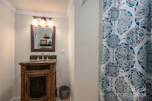 bathroom featuring vanity, ornamental molding, and walk in shower