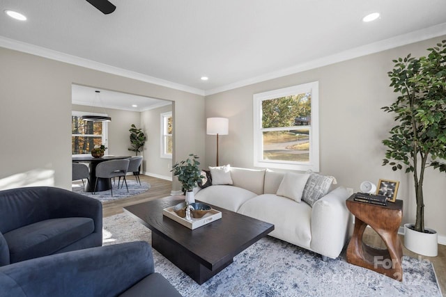 living room featuring hardwood / wood-style flooring and ornamental molding